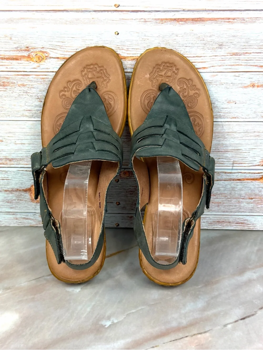 Born Karis Wedge Thong Slingback Sandals in Dark Sage Leather